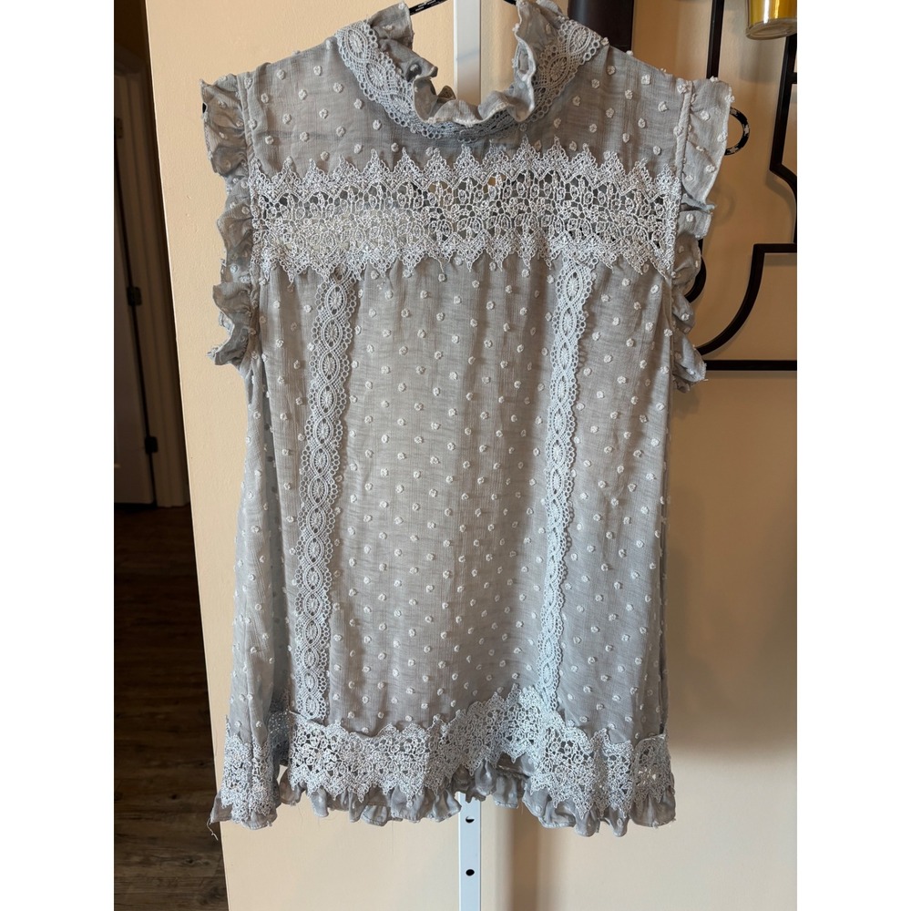 POL Grey Swiss Dot Lace Crochet Sleeveless Ruffle High Neck Boho Blouse Medium